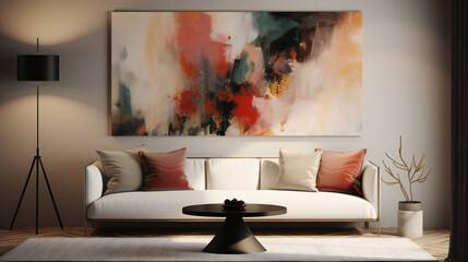 Stylish Interior with an Abstract Mockup Frame Poster, Modern interior design, 3D render, 3D illustration