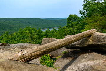 Fototapeta na wymiar View down into the river at Rimrock Hiking Trail in the Allegheny National Forest in North Central PA. A fallen tree on the rock ledge makes for a sitting area if you have the courage to go out there