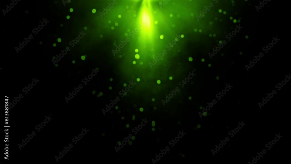 Poster loop falling glow green bokeh particles with flare light and, smoke cloud animation on black abstrac
