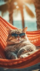 A cat wearing sunglasses on a Hammock bed