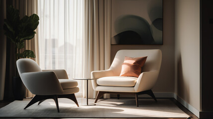 Stylish Interior with an Abstract Mockup Frame Poster, Modern interior design, 3D render, 3D illustration