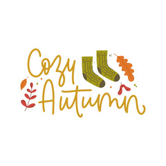 Cozy autumn. Decorative design composition with fall lettering and seasonal elements. Hand drawn word with leaves, branches and berries.