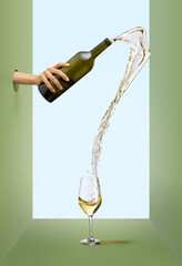 Adorable pouring white wine into glass over white-green background. Concept of taste, alcohol, winery