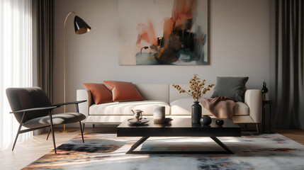 Stylish Interior with an Abstract Mockup Frame Poster, Modern interior design, 3D render, 3D illustration