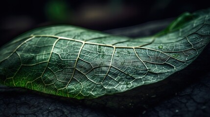 Fototapeta na wymiar a green leaf laying on top of a black table top. generative ai