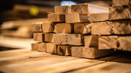 Wooden boards are stacked in a sawmill or carpentry shop. Sawing drying and marketing of wood. Industrial background