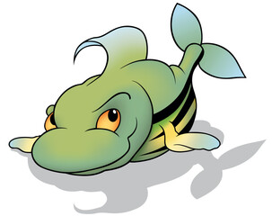 Green Fish with Black Stripes Lying on its Belly