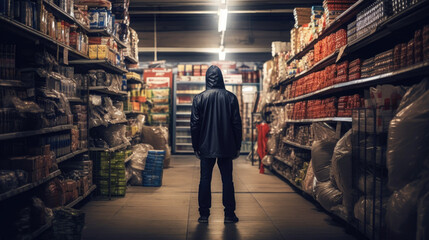 A stealthy thief, seen from behind, navigates a store, ready to commit a clandestine act. generative AI. - obrazy, fototapety, plakaty