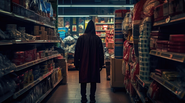 A stealthy thief, seen from behind, navigates a store, ready to commit a clandestine act. in a raincoat generative AI.