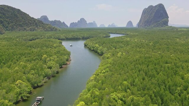Aerial view flying low over a river and mangrove forest towards the ocean (Phang Nga, Thailand)