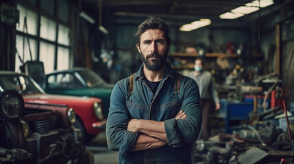 A focused man in his workshop, surrounded by tools and machinery, embodying craftsmanship and dedication. Mastering Machines generative AI.