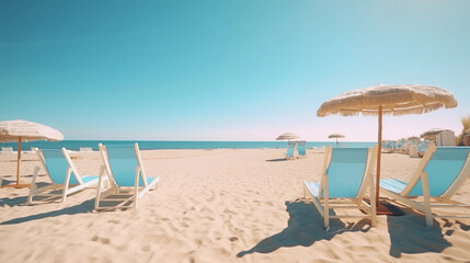 summer beach vacation - holiday on a sunny beach with beach loungers on the mediterranean coast - 613884051