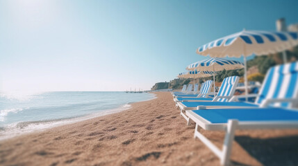 summer beach vacation - holiday on a sunny beach with beach loungers on the mediterranean coast - 613884067