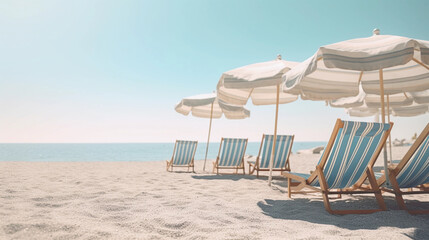 summer beach vacation - holiday on a sunny beach with beach loungers on the mediterranean coast - 613884082