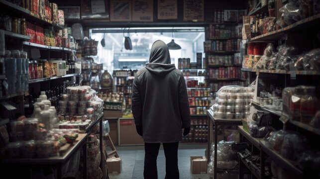 A stealthy thief, seen from behind, navigates a store, ready to commit a clandestine act. in a hood generative AI.