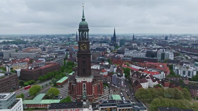 Drone shot of St. Michael's Church ( Hauptkirche St. Michaelis )  Hamburg , Germany . it is a landmark of the city and it is considered to be one of the finest Hanseatic Protestant baroque churches.