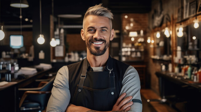 A friendly happy barber man with a warm smile radiates charm and professionalism in his well-kept barbershop. generative AI.