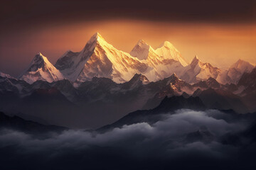 View of the Himalayas during a foggy sunset night - Mt Everest visible through the fog with dramatic and beautiful lighting. Image ai generate