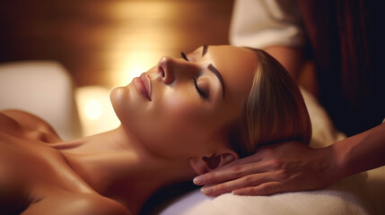 Obraz na płótnie Canvas A blissful woman indulges in a rejuvenating facial massage at a tranquil spa, experiencing pure relaxation and serenity. master generative AI.