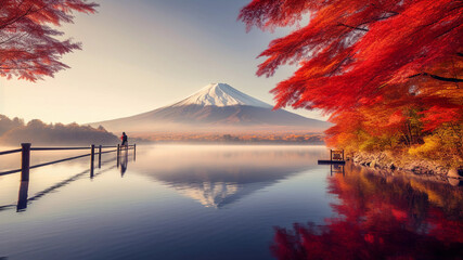 Colorful Autumn Season and Mountain Fuji with morning fog and red leaves at lake Kawaguchiko, japan.Image ai generate - obrazy, fototapety, plakaty