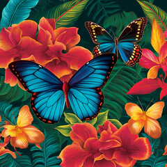 Fototapeta na wymiar Two blue butterfly in tropical flowers 