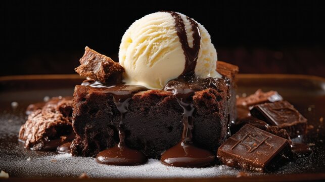 A chocolate brownie topped with a scoop of ice cream