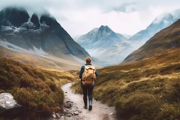 Zelfklevend Fotobehang Hiker walking to mountains.Image ai generate © Creative Clicks