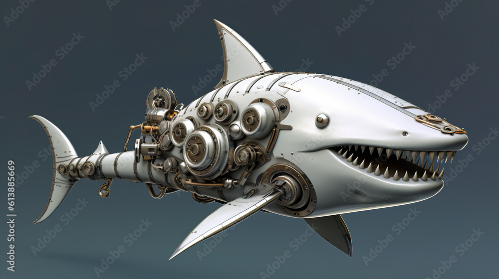 Poster a mechanical shark with gears attached to it's body. generative ai. mechanical creature.