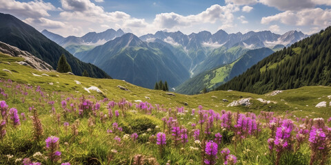 Obraz premium Idyllic mountain landscape in the Alps with blooming meadows in springtime.Image ai generate