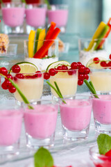 dessert. a table topped with cups filled with desserts. hotel conference coffee break idea 