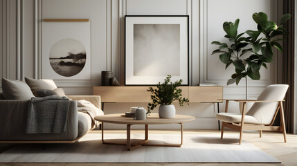Stylish Interior with an Abstract Mockup Frame Poster, Modern interior design, 3D render, 3D illustration