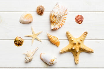 Fototapeta na wymiar Summer time concept Flat lay composition with beautiful starfish and sea shells on colored table, top view