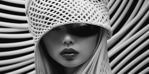 Wundervolles Gesicht Porträt einer hübschen Frau in Schwarz Weiß Fashion mit Hut Licht und Schatten Spiel Nahaufnahme, ai generativ