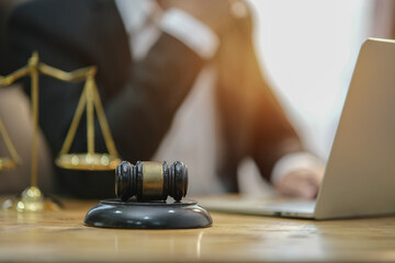 Judge gavel with Justice lawyers having team Concepts of Law and Legal services