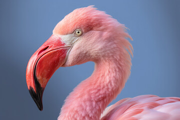 Pink flamingo close up portrait with neutral background. Generative AI. 