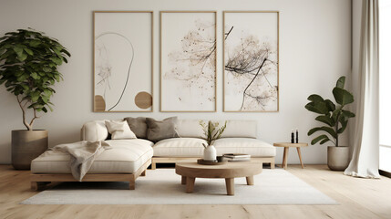 Stylish Interior with an Abstract Mockup Frame Poster, Modern interior design, 3D render, 3D illustration