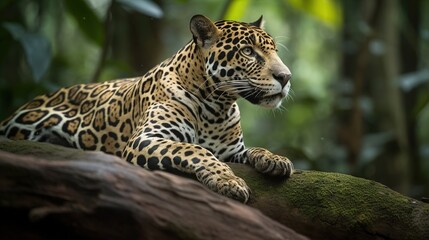 Fototapeta na wymiar a large leopard laying on a tree branch in the jungle. generative ai