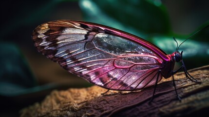 Fototapeta na wymiar a purple butterfly sitting on top of a wooden branch next to a green plant. generative ai