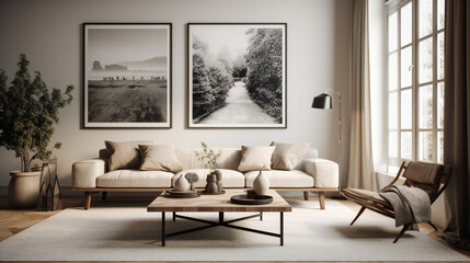 Stylish Interior with an Abstract Mockup Frame Poster, Modern interior design, 3D render, 3D illustration