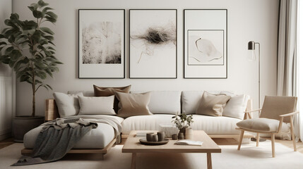 Stylish Interior with an Abstract Mockup Frame Poster, Modern interior design, 3D render, 3D illustration