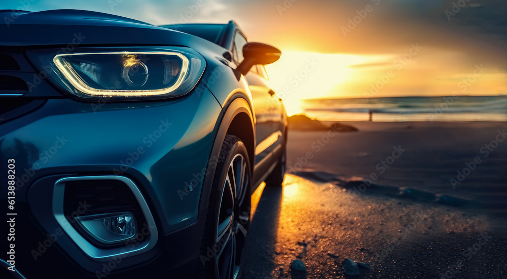 Wall mural Compact SUV car and modern design on concrete road at the sea of beautiful sunset background , Front view of luxury new SUV car , Generative Ai Technology