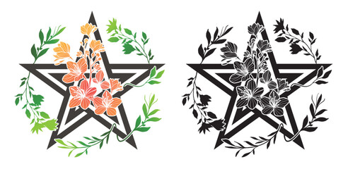 Floral pentagram. Decorated with blooming flower with leaves on white background. Color and silhouette style. Wiccan symbol.