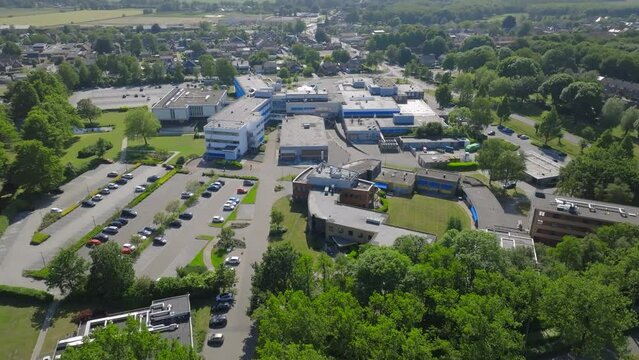Aerial Orbit Around Small Hospital in Dutch Town Stadskanaal, Treant Hospital