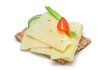 Whole Grain Crispbread with Cheese, Fresh Cucumber, Radish, Tomato and Green Onions - Isolated on White. Quick and Healthy Sandwiches. Crispbread with Tasty Filling. Healthy Dietary Snack - Isolation