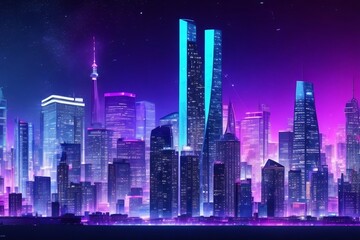 city skyline at night. Unleashing the Power of Big Data Illuminated City Skyline Explores Urban Innovation and Sustainability.Smart city and big data concept. Futuristic cityscape at night with neon c