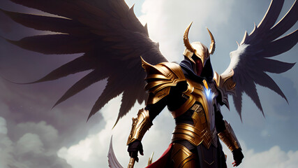 Illustrazione di un combattente con armatura d'oro e con ali. Creato con Ai.