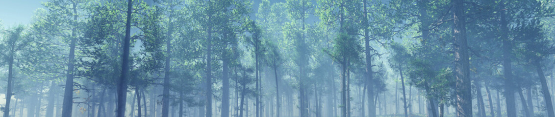 Forest in the morning in a fog in the sun, trees in a haze of light, glowing fog among the trees, 3D rendering