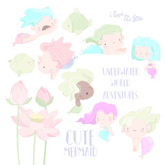 Cartoon Set with Cute Mermaids on White Background