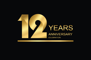 12 year anniversary vector banner template. gold icon isolated on black background.