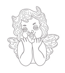 Cupid angel. Vector monochrome illustration isolated on white background.